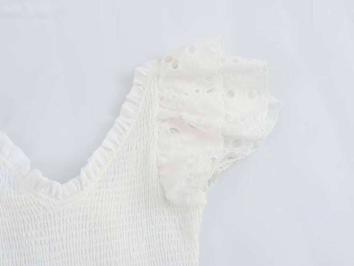 Spring Women Clothing Casual Simple Flying Sleeves Hollow Out Cutout Lace Dress
