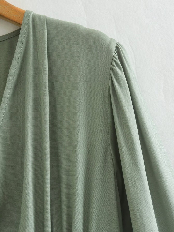 Spring Women Clothing Army Green Long Sleeve Pleated Dress