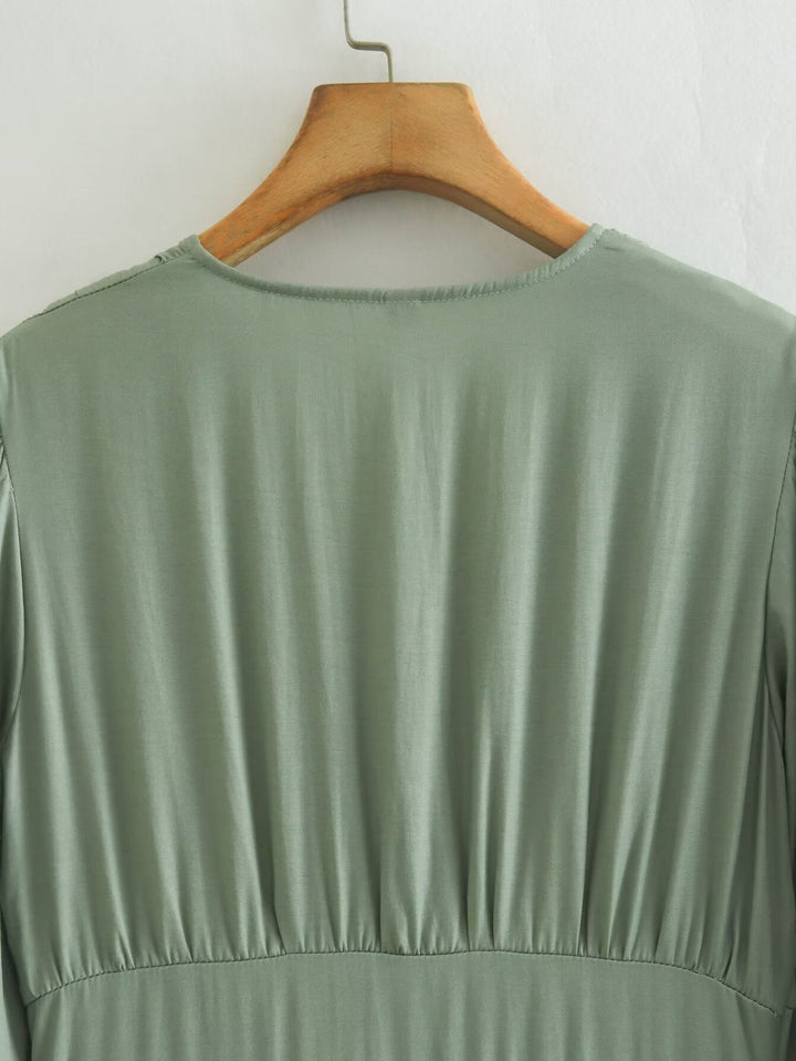 Spring Women Clothing Army Green Long Sleeve Pleated Dress