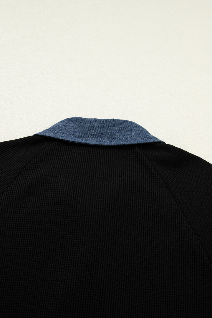 Black Textured Knit Denim Patchwork Button Collar Long Sleeve Top