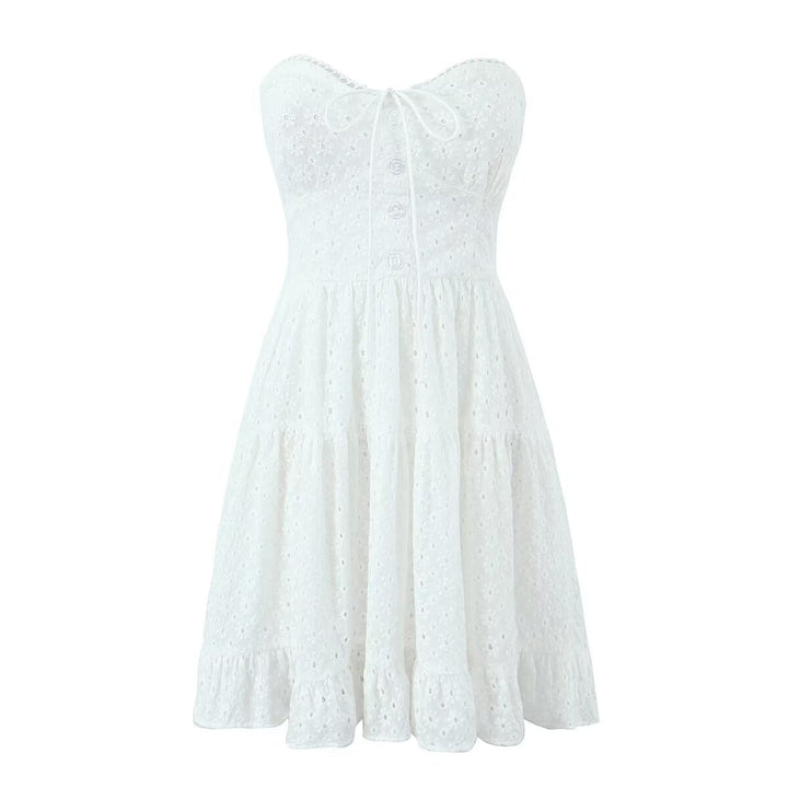 Spring French Pure White Butterfly Lace up Single Breasted Decorative Wrapped Chest Waist Lace Dress