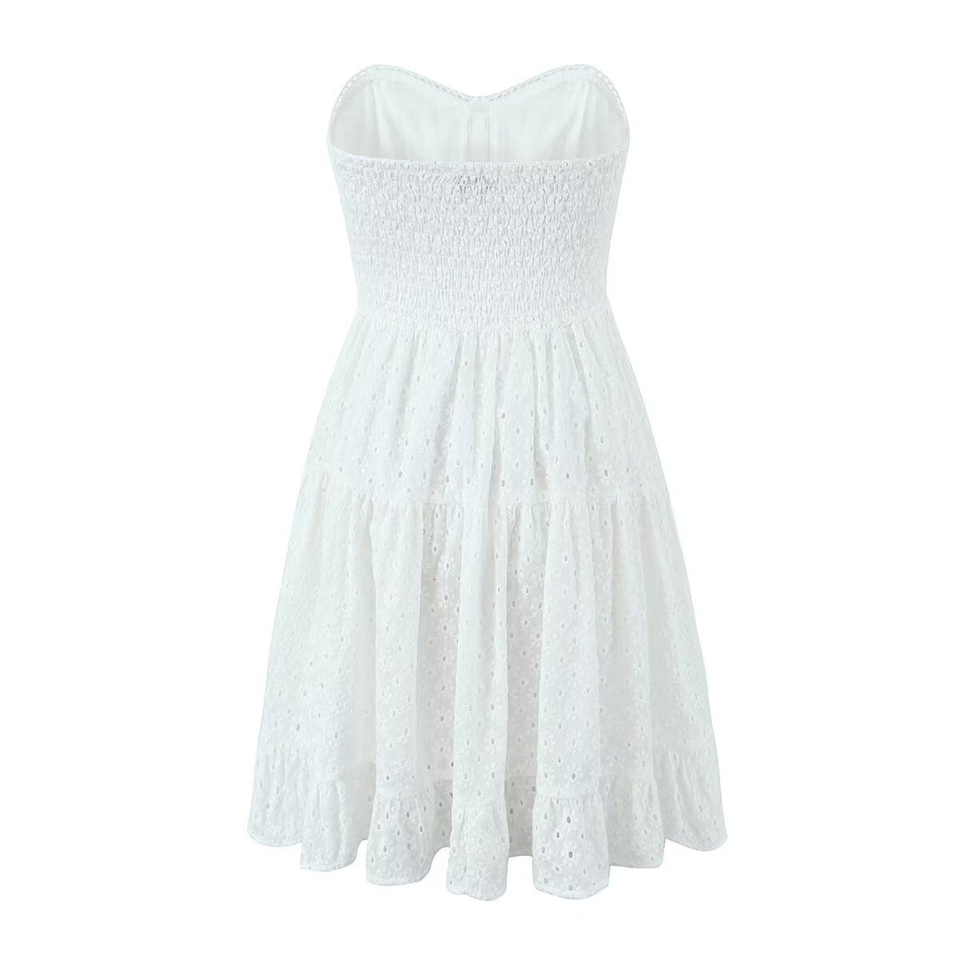 Spring French Pure White Butterfly Lace up Single Breasted Decorative Wrapped Chest Waist Lace Dress