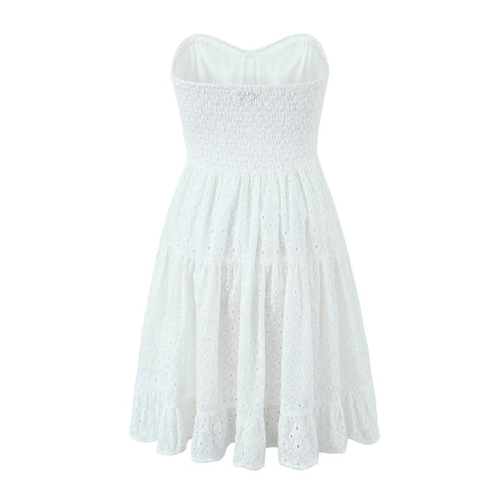 Spring French Pure White Butterfly Lace up Single Breasted Decorative Wrapped Chest Waist Lace Dress