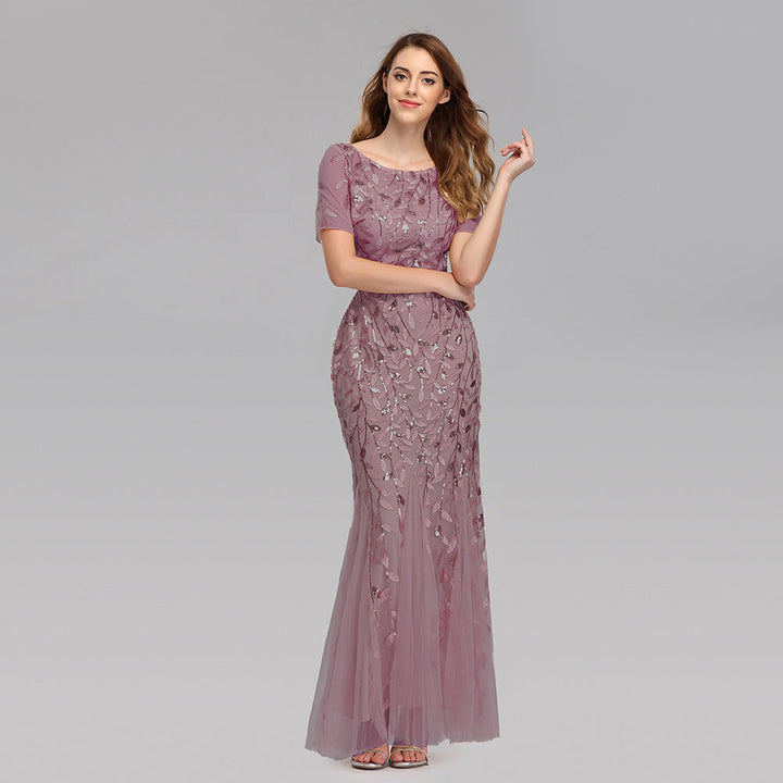 Summer Autumn Banquet Host Slim Mesh Sequ Evening Dress Fishtail Dress for Women
