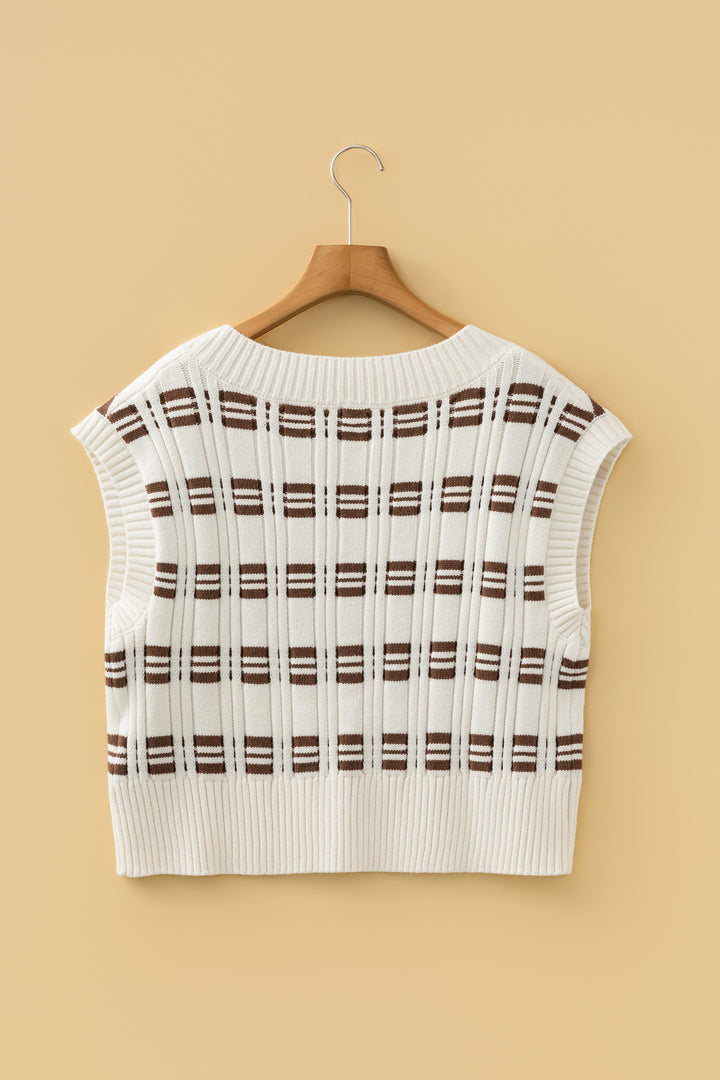 White Contrast Geometric Textured Knit V Neck Cropped Sweater Vest