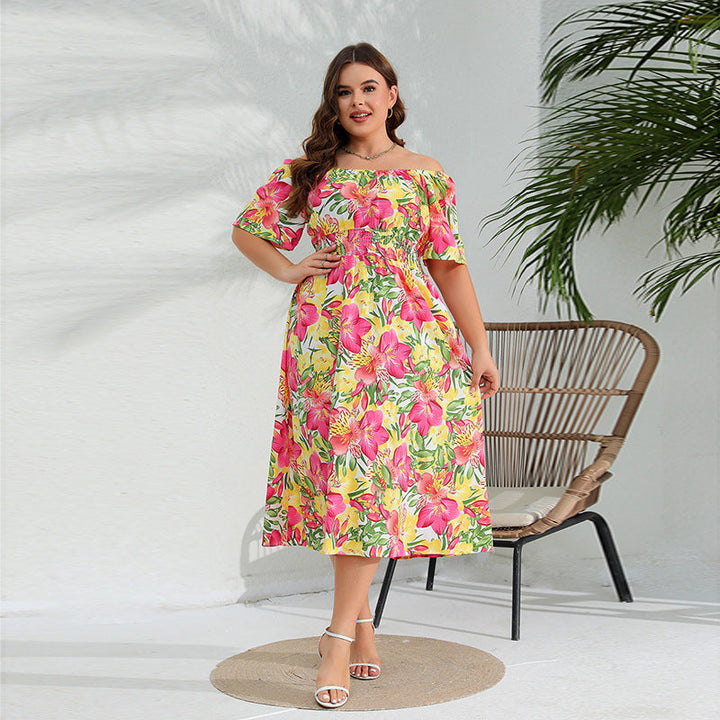 Plus Size Western off Neck Dress Elegant Floral Midi Dress Tight Waist Dress