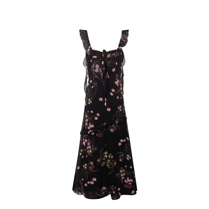 Printed Ruffled Suspender Summer Waist Controlled Lace up Slim Mid Length A line Dress