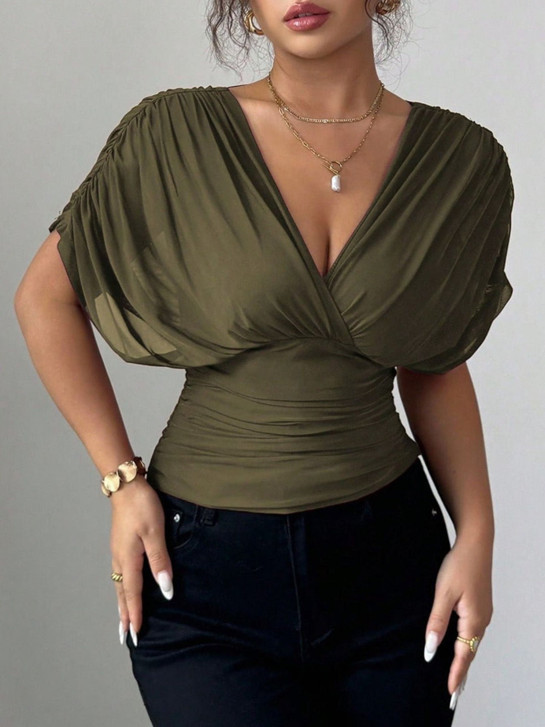 Ruched Surplice Short Sleeve Top