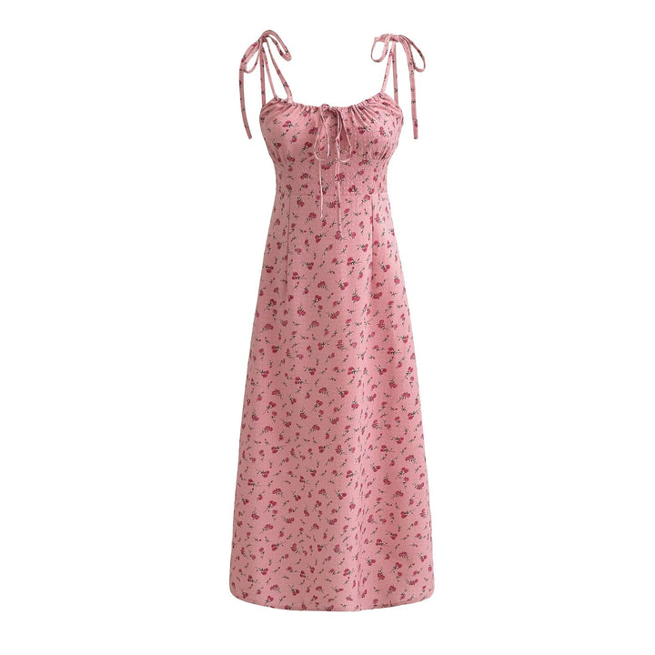 French Sweet Rose Floral Neckline Lace up Suspender Summer Tight Waist Slim A line Holiday Midi Dress