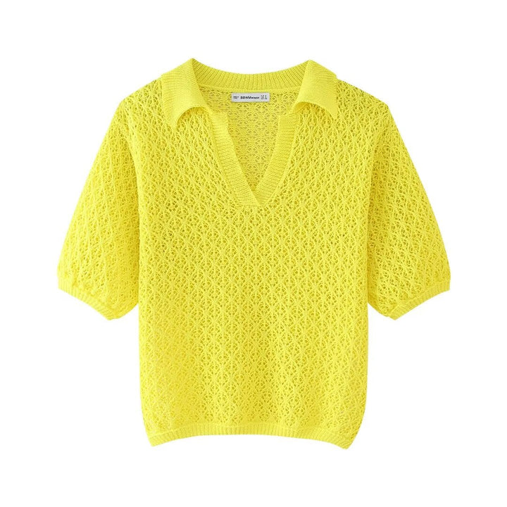 Women Clothing Summer Jacquard Mesh Loose Polo Collar Knitwear