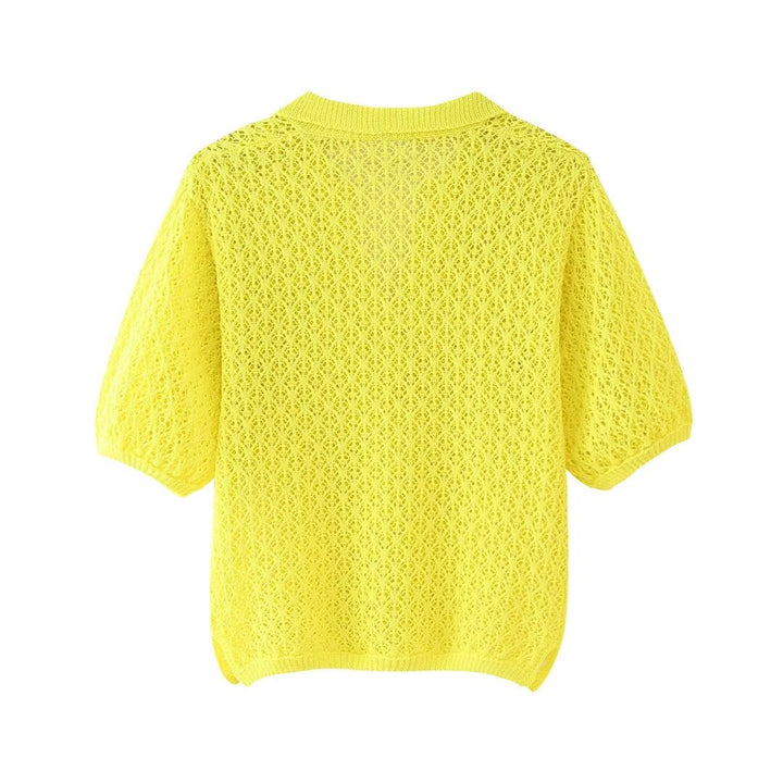 Women Clothing Summer Jacquard Mesh Loose Polo Collar Knitwear
