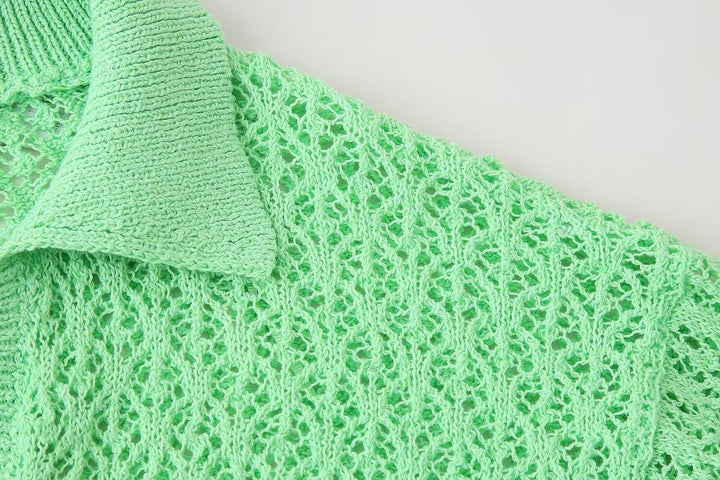 Women Clothing Summer Jacquard Mesh Loose Polo Collar Knitwear