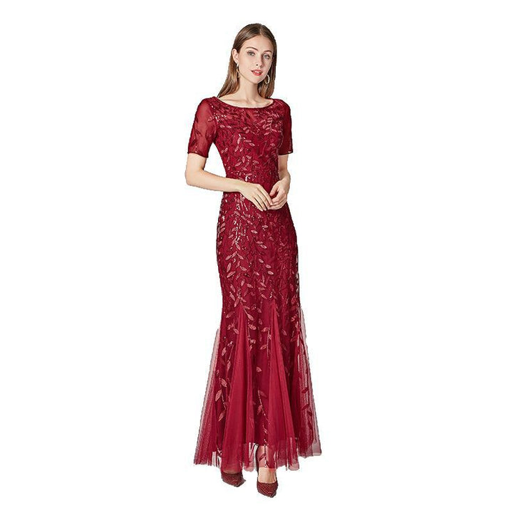 Summer Autumn Banquet Host Slim Mesh Sequ Evening Dress Fishtail Dress for Women