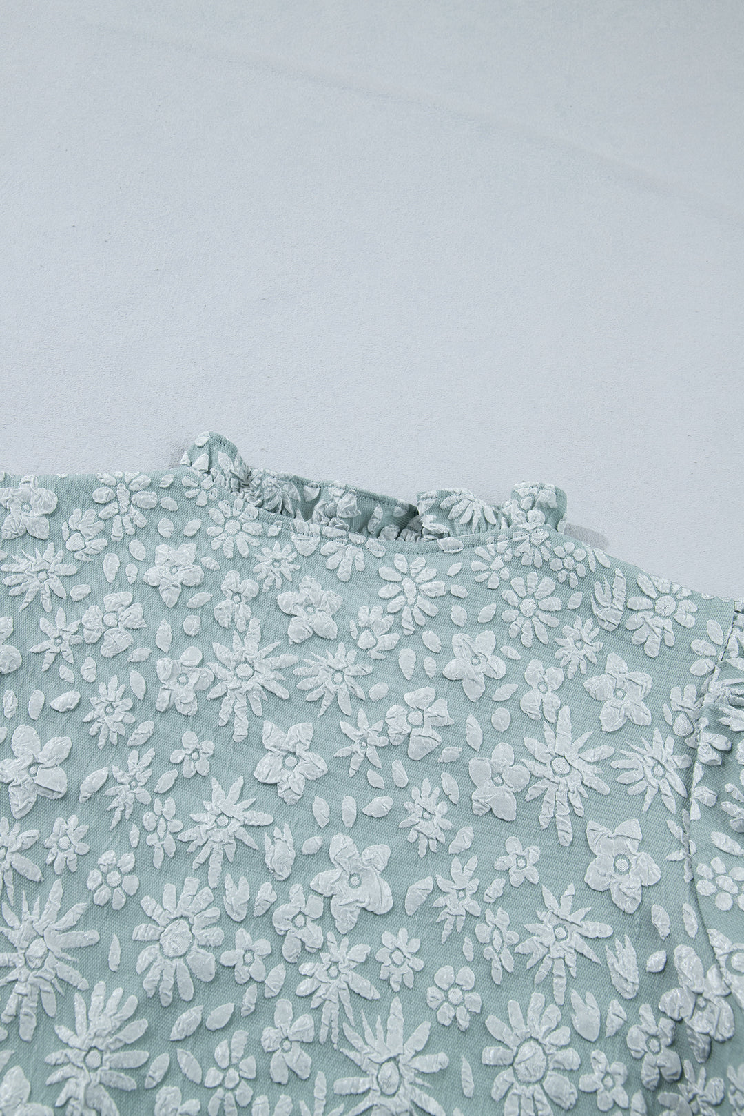 Iceland Blue Floral Textured Jacquard Puff Sleeve Blouse