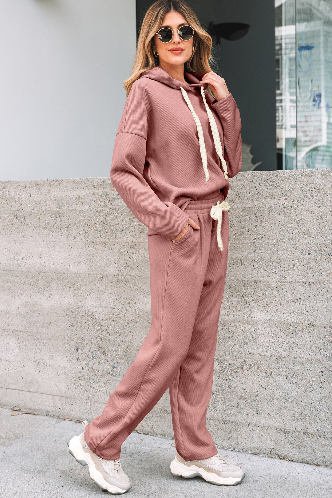 Rose Tan Lace Drawstring Pullover Hoodie and High Waist Pants Corduroy Suit