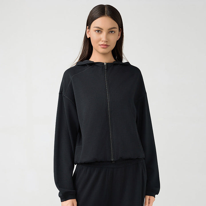 Hooded Zip Cardigan Coat Women Autumn Winter Loose Fitting Casual Pullover Running Fitness Sports Top