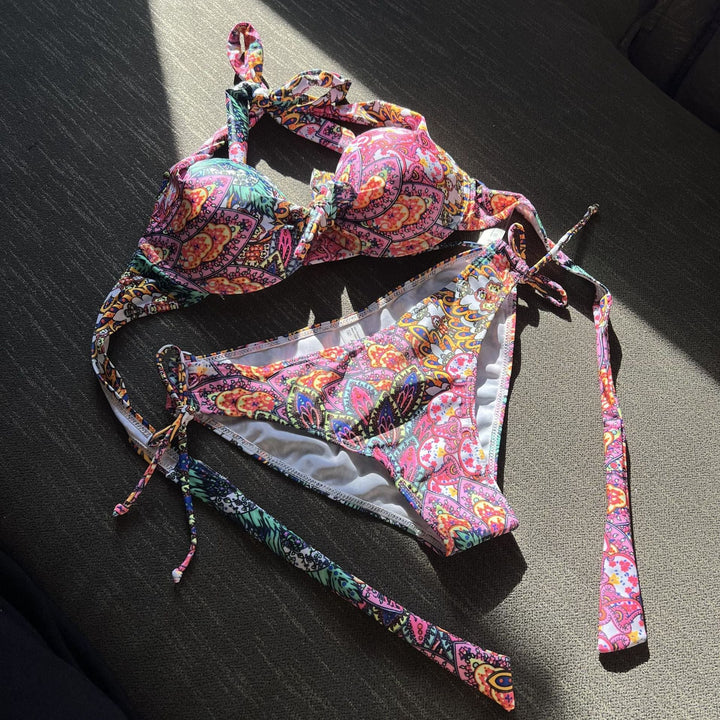 Hard Cup Floral Totem Strap Split Swimsuit Bikini Bikini