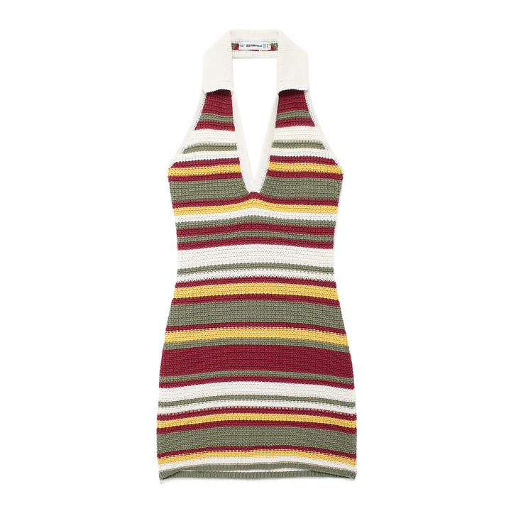 Women Clothing Autumn V Neck Colorful Striped Contrast Color Slim Fit Hip Crochet Dress