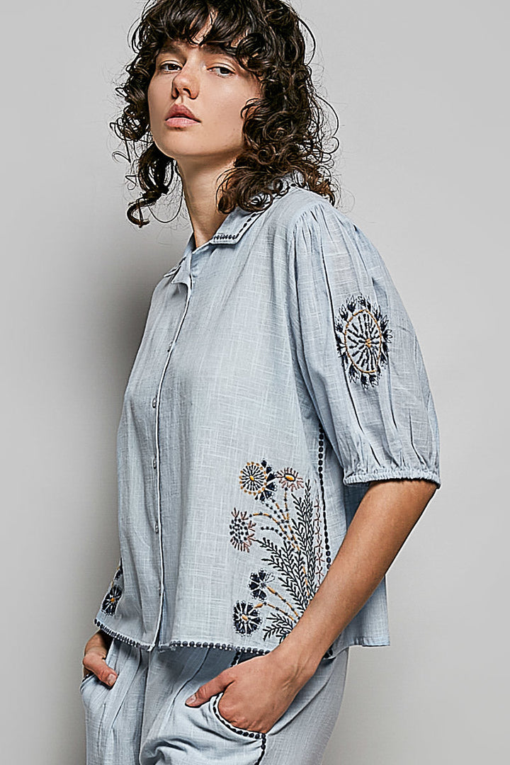 POL Button Down Embroidered Floral Short Sleeve Shirt