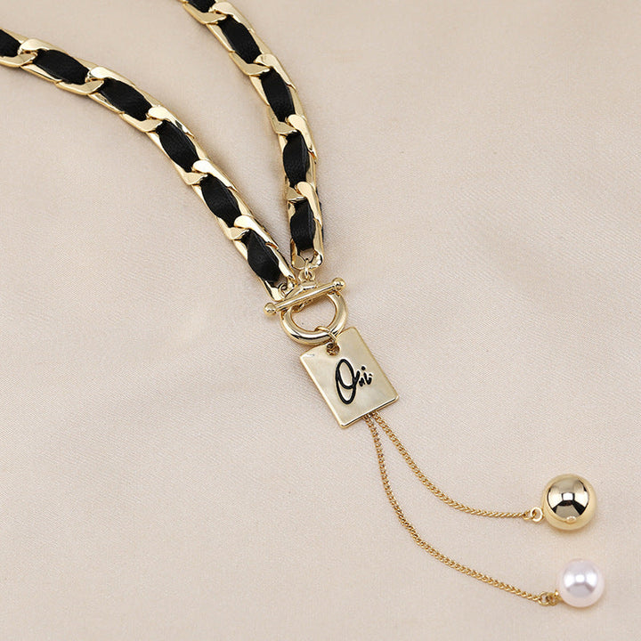 PU Leather Metal Chain Choker Necklace For Women, Titanium Steel Square Tag Pearl Tassel Short Collarbone Chain, Dainty Retro Fashion Jewelry