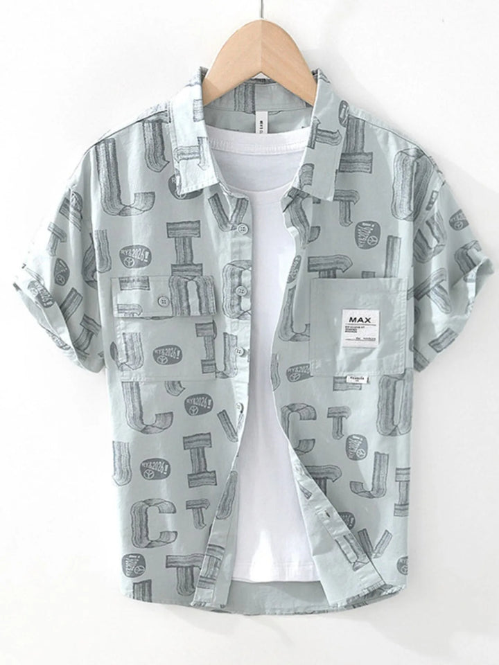 Men's Plus Size Printed Button Up Short Sleeve Shirt