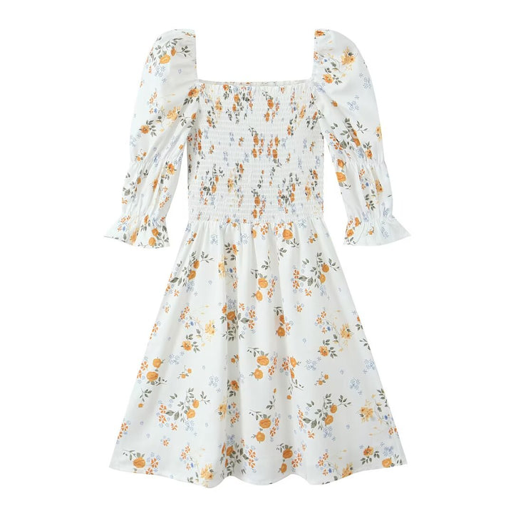 Summer French Printed Pleated Puff Sleeve Dress