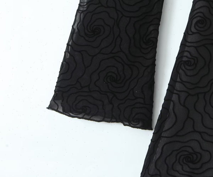 Sexy Pure Black Floral Line round Neck Long Sleeve A line Dress Women Slim Fit Cinched Short Dress Slimming