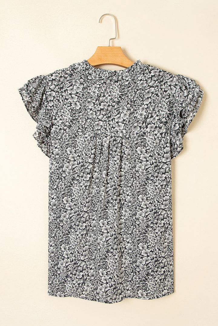 Black Rose Floral Print Ruffle Sleeve Plus Size Shift Top
