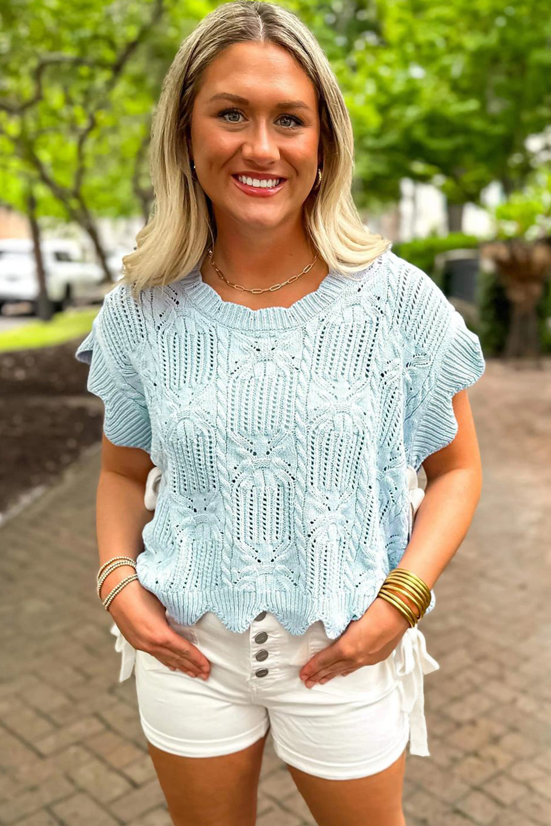 Beau Blue Pointelle Knit Patterned Scalloped Trim Short Sleeve Sweater