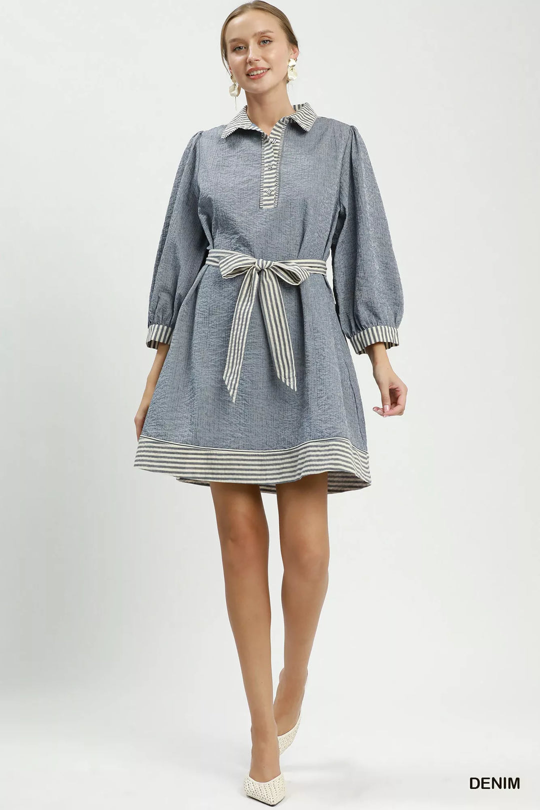 Umgee Striped Contrast Belted Puff Sleeve Mini Dress