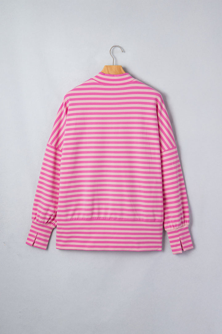Pink Stripe Zip-up Puff Sleeve Zip Jacket Sweatshirt