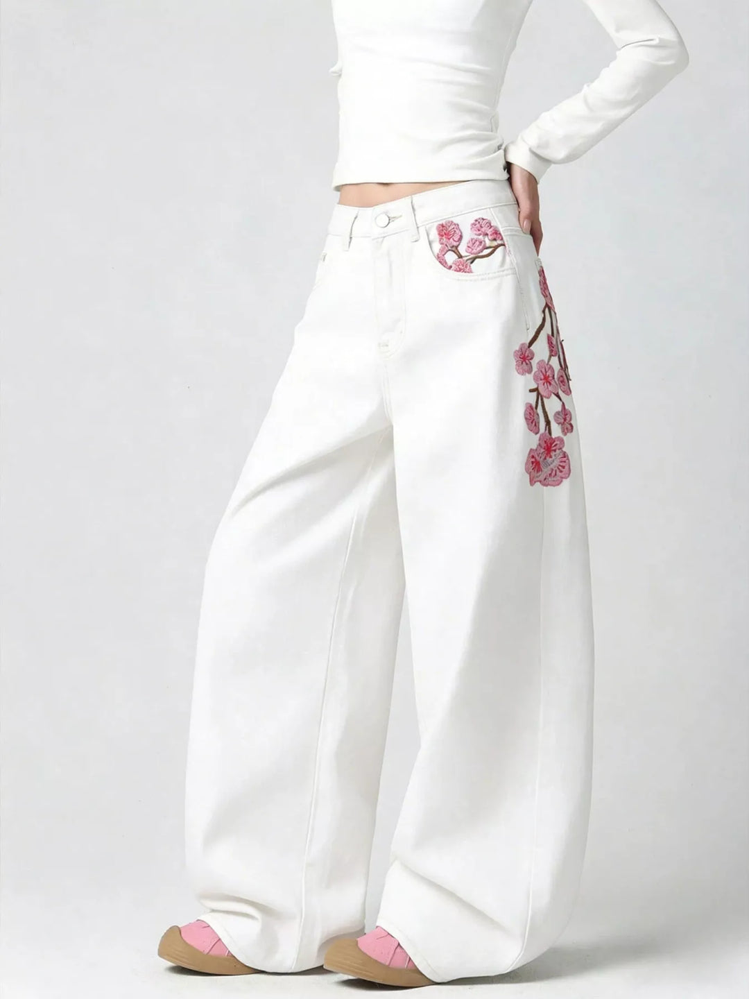 Embroidered Wide-Leg Jeans