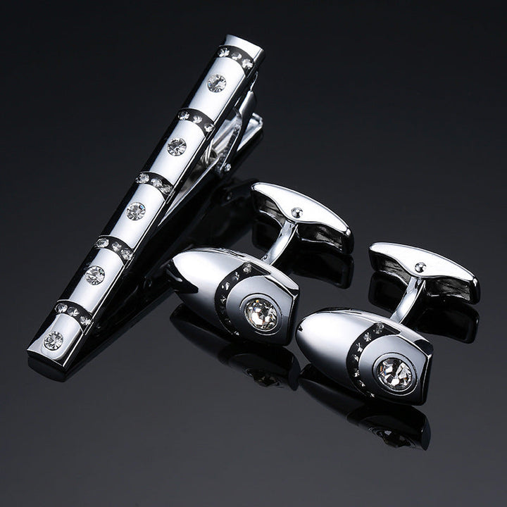 Gold And Silver Black Crystal Rose Enamel Pattern Batch Flower Tie Clip Cuff Buckle Set