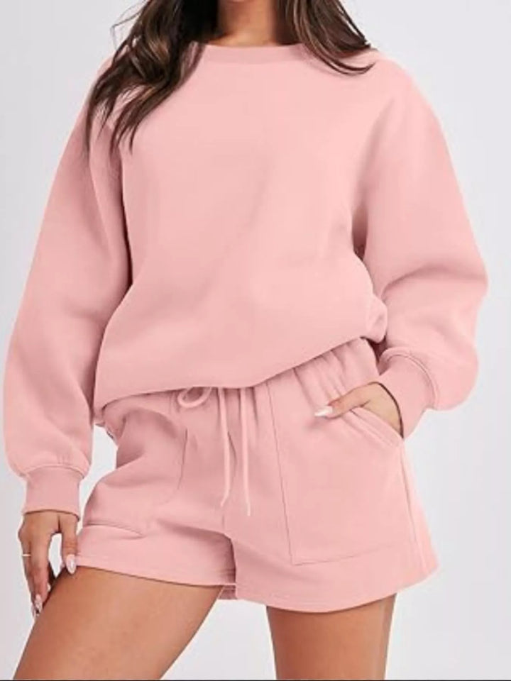 Round Neck Dropped Shoulder Top and Drawstring Shorts Set