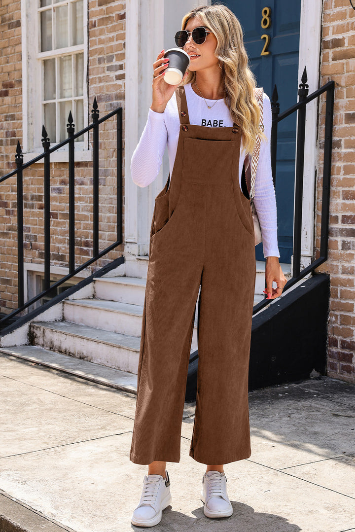 Brown Solid Color Corduroy Wide Leg Bib Overalls