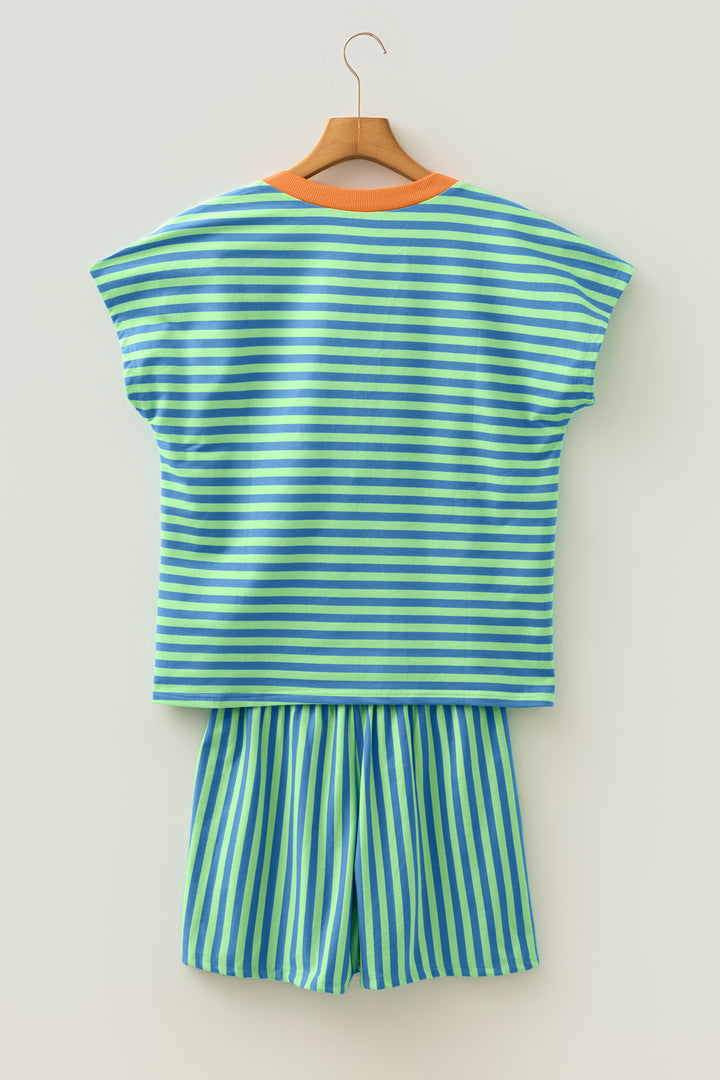 Pink Stripe Colorblock Trim V Neck Tee Drawstring Elastic Waist Short Set