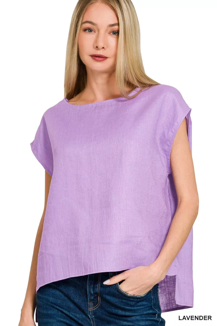 Zenana Linen Round Neck Cap Sleeve Top