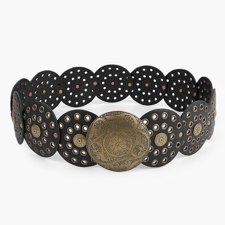 Disc Hook Leather Retro Rivet Alloy Belt Wide Belt