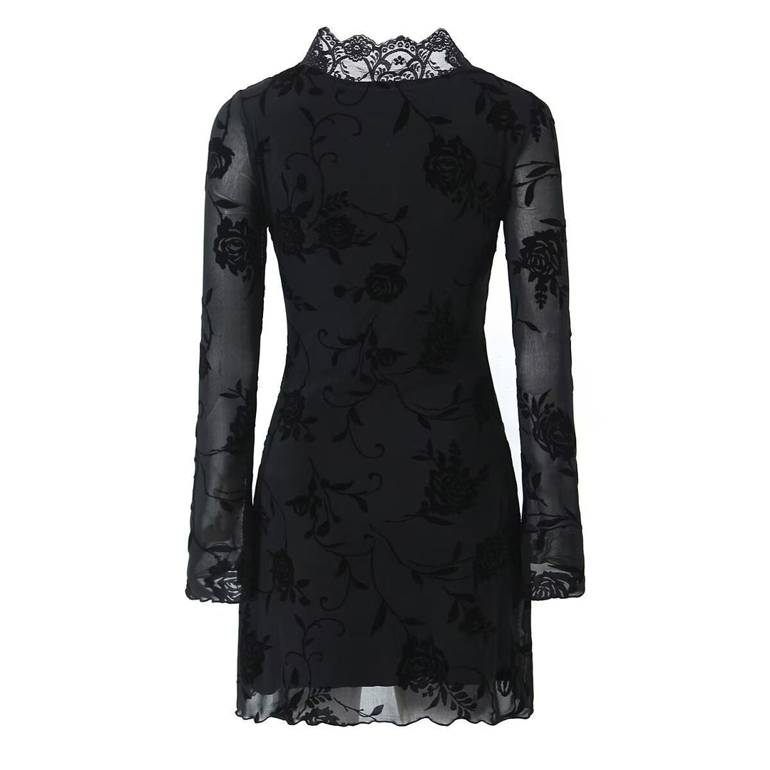Fall Black Rose Lace Trim Dress Women Clothing