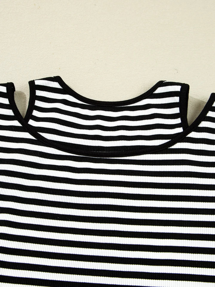 Stripe Double-layer Cold Shoulder Long Sleeve Top
