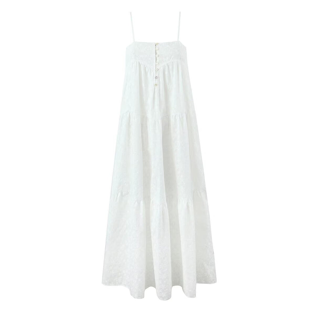 All Match Embroidered Strap Backless Maxi Dress