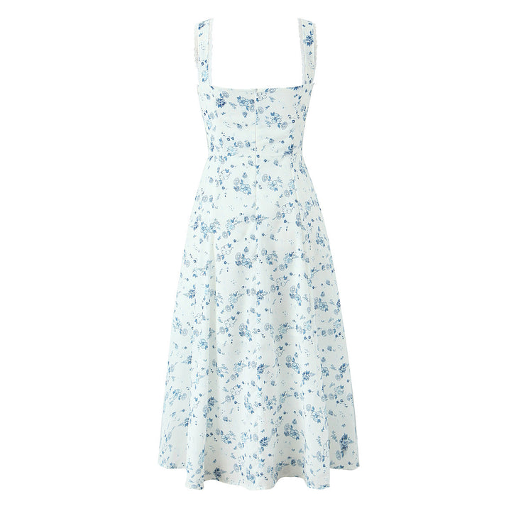 Spring Floral Print Lace Trim High Waist Slim Mid Length Sling Dress