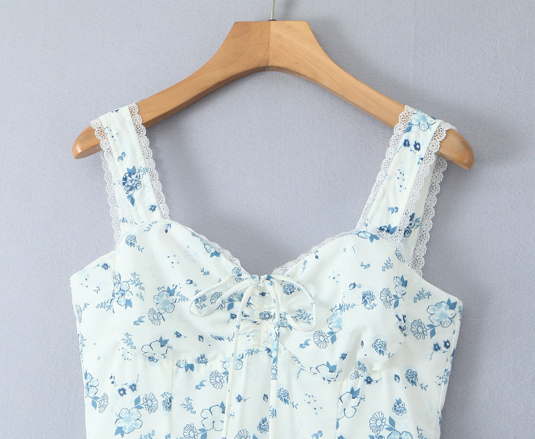 Spring Floral Print Lace Trim High Waist Slim Mid Length Sling Dress