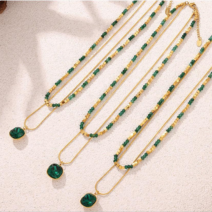 Natural Stone Beaded Crystal Stone Embellished Double Layer Necklace Stainless Steel All Match Clavicle Chain Necklace