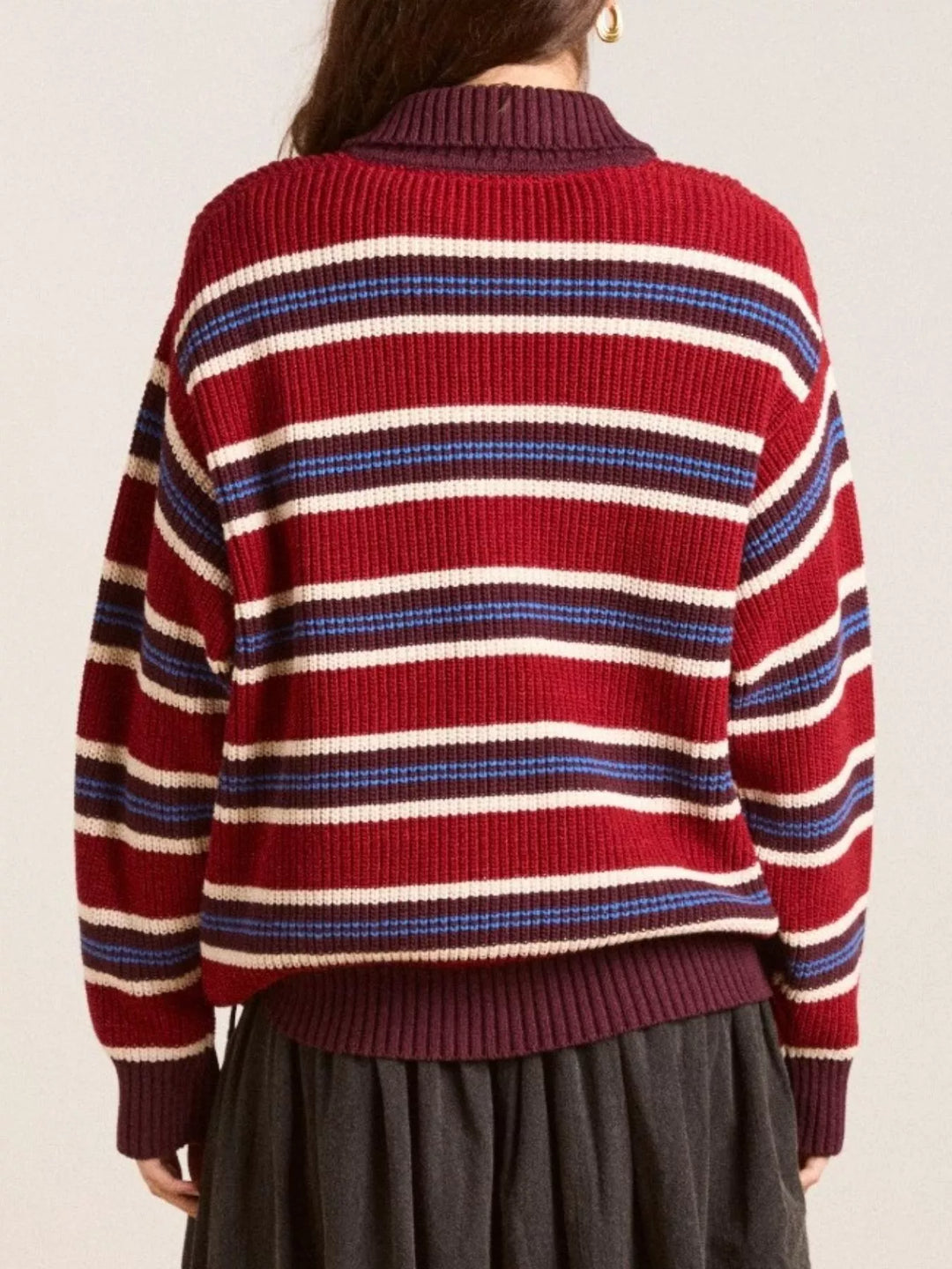 Striped Button Detail Polo Collar Sweater