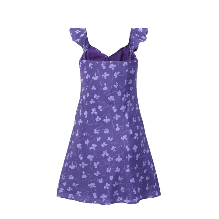 Vintage Ruffled V neck Lace up Printed Dress Summer Tight Waist Slim Holiday Short Suspender Dress