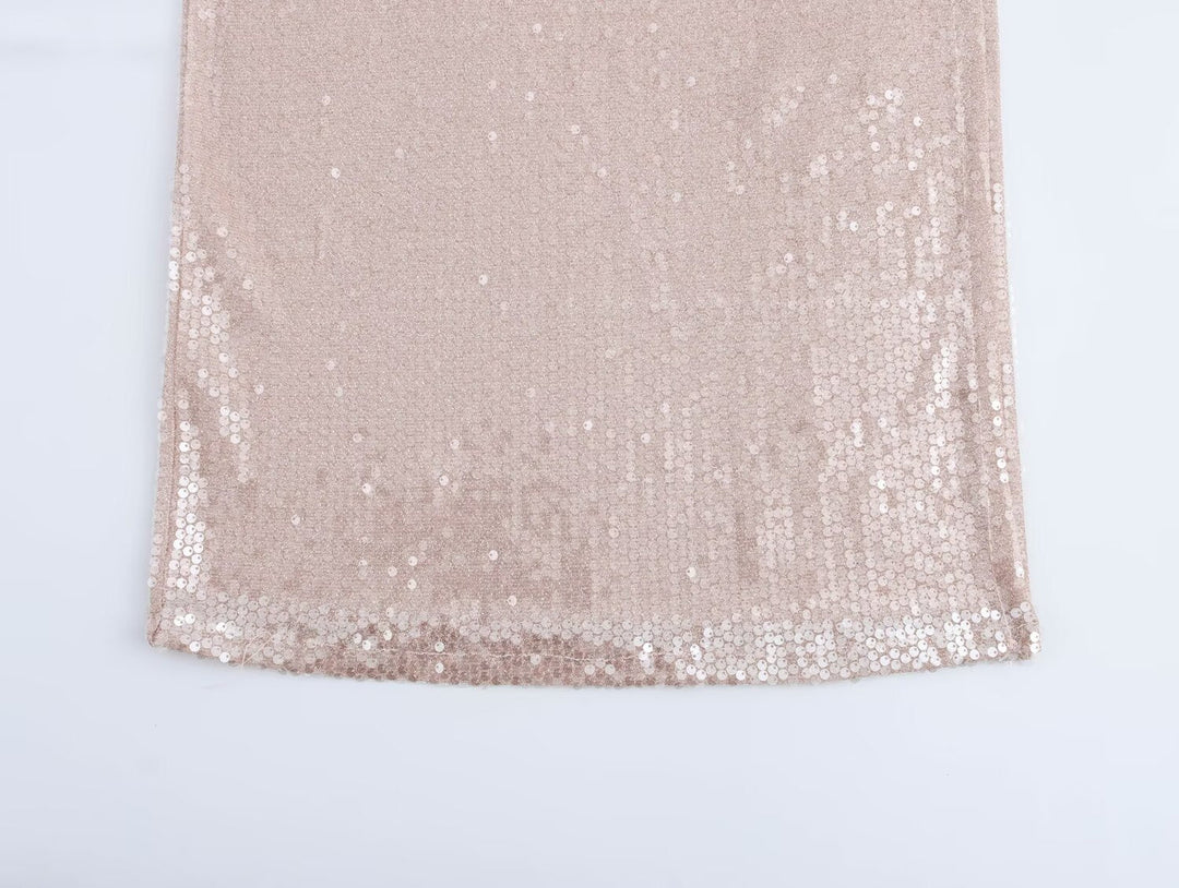 Women French Sequin Pleated Halter Dress