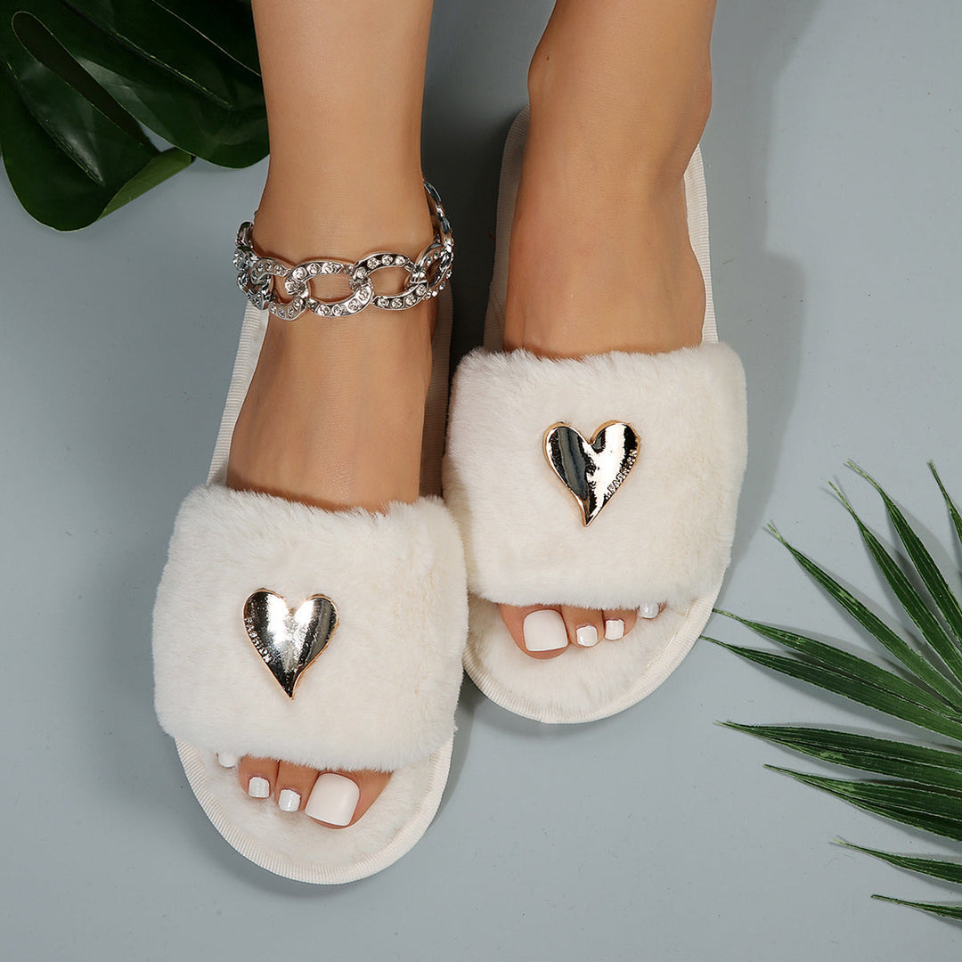 Fluffy Slippers Heart-Shaped Flat Slippers Women Home Casual Anti Rabbit Fur Cotton Slippers Women