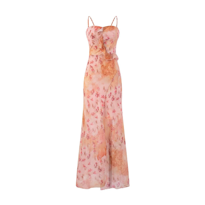 Design Ruffled Stitching Floral Dress Summer Tight Waist Slimming Vacation Maxi Dress Suspender Dress Women