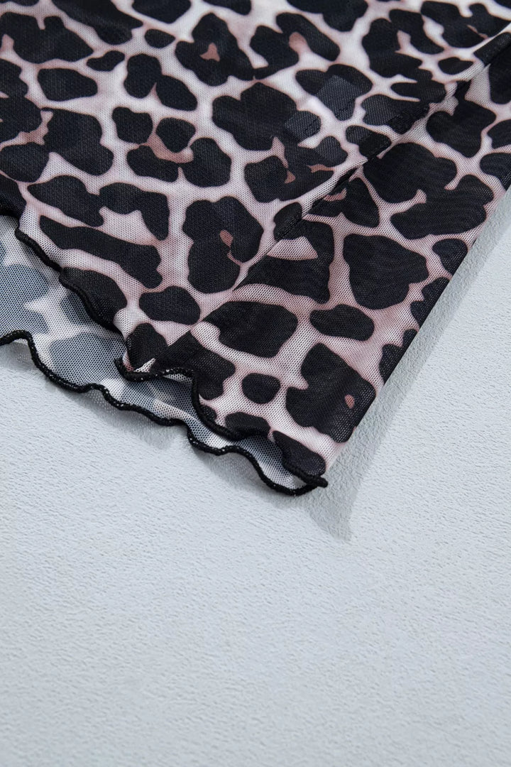 Leopard Print Sheer Mesh Short Sleeve Top